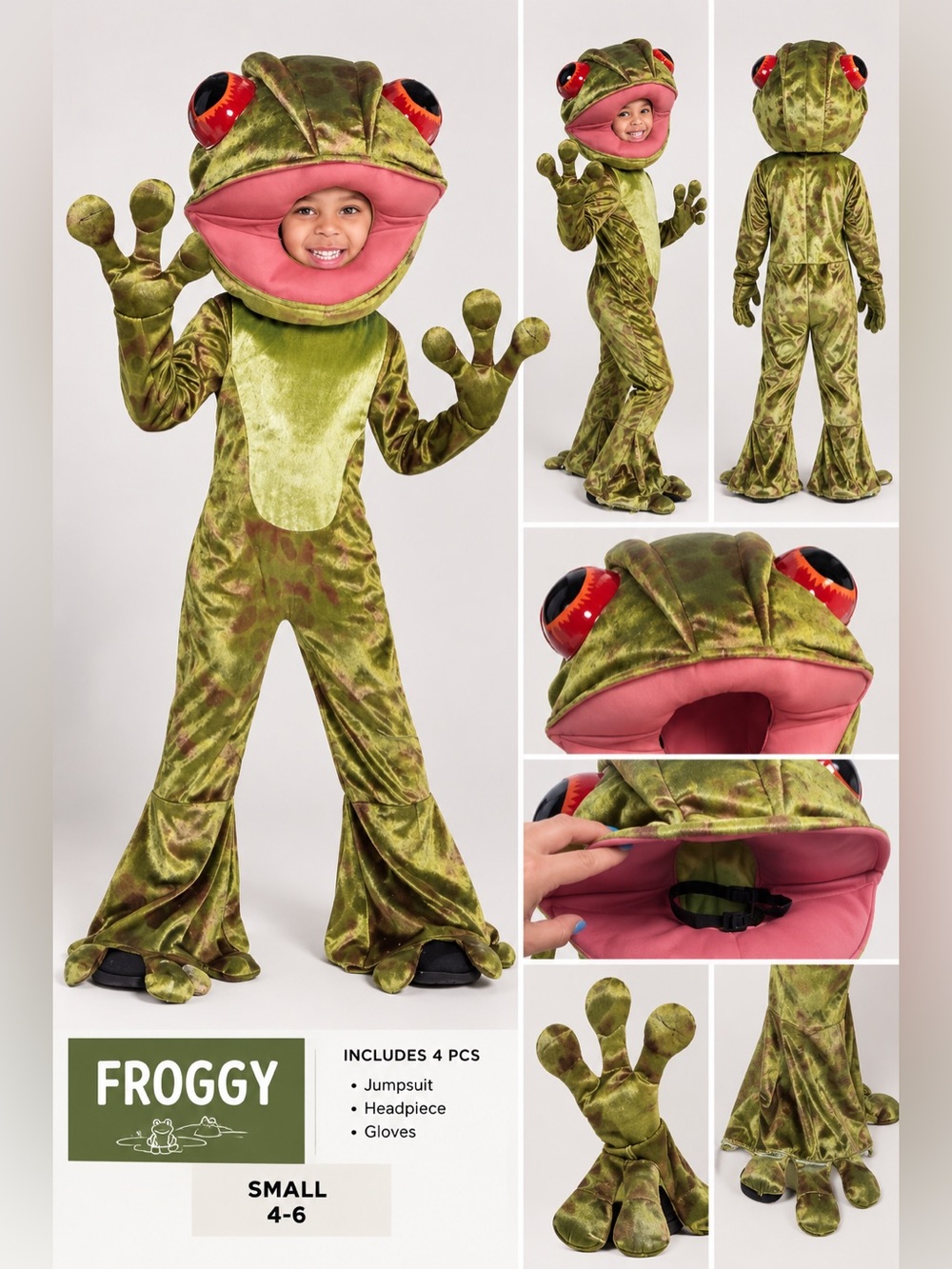 Froggy Frog Child Costume 4-6 Green Jumpsuit Headpiece Gloves Halloween